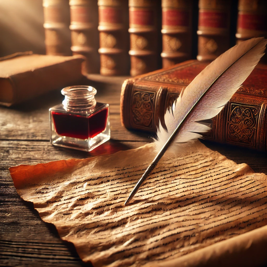 Obrazek posiada pusty atrybut alt; plik o nazwie DALLE-2025-02-08-09.07.19-A-realistic-image-of-an-old-historical-manuscript-with-an-antique-quill-pen-and-inkwell-on-a-wooden-desk.-Soft-warm-lighting-highlights-the-aged-paper.webp